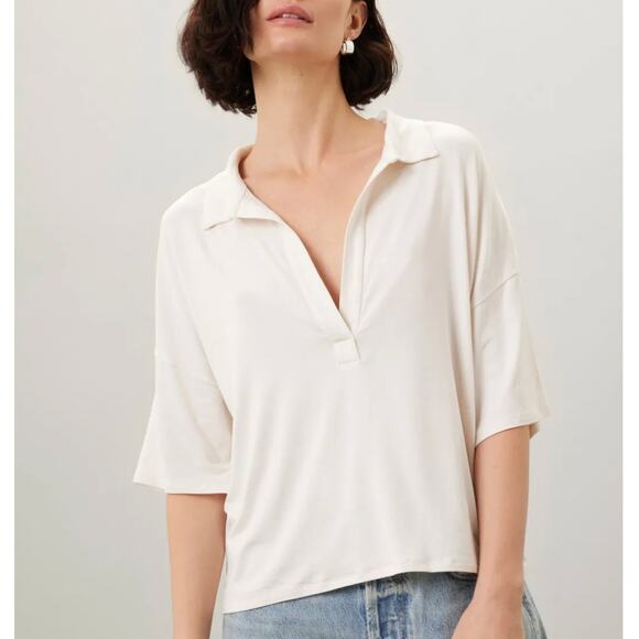 Majestic Filatures Cream Oversized Polo Top LARGE Knit Basic Soft Designer $195 - Picture 1 of 10